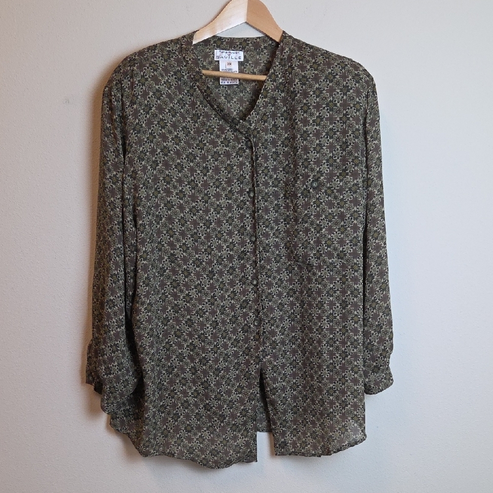 Rana Rowan for Saville Floral Print Blouse - Olive & Brown Women Size 20W
